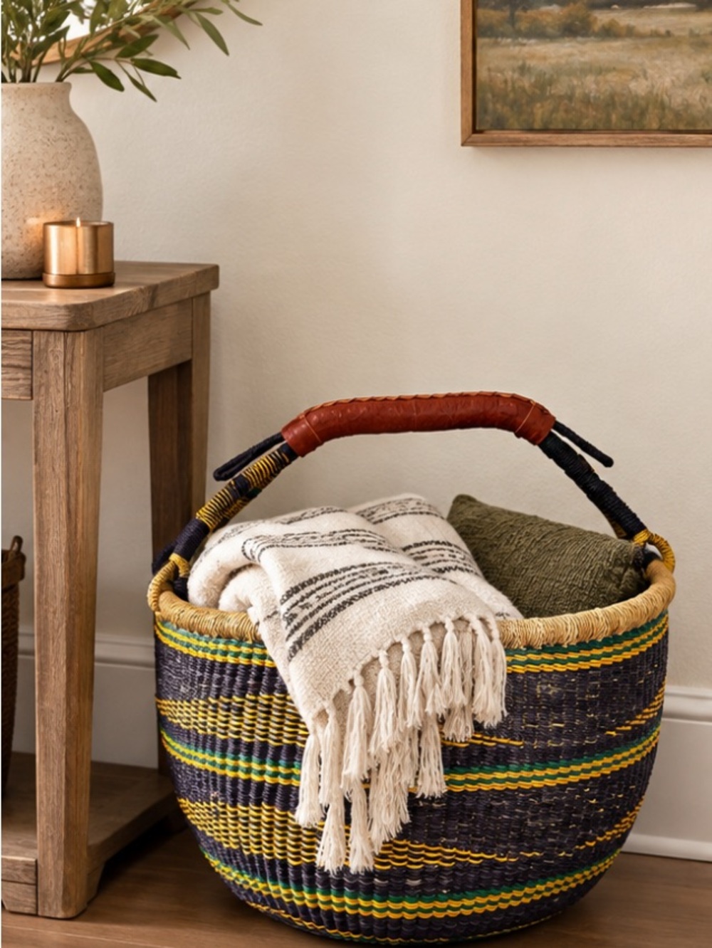 Large Bolga Basket Woven Striped Storage Basket Leather Handle Multicolor Ghana